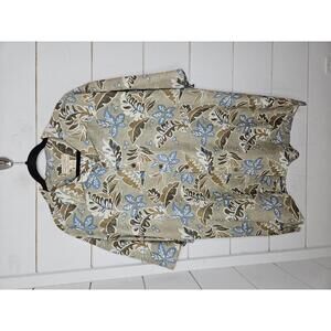 Boca Classics XL Tall tan with cream & blue Hawaiian print silk button up top